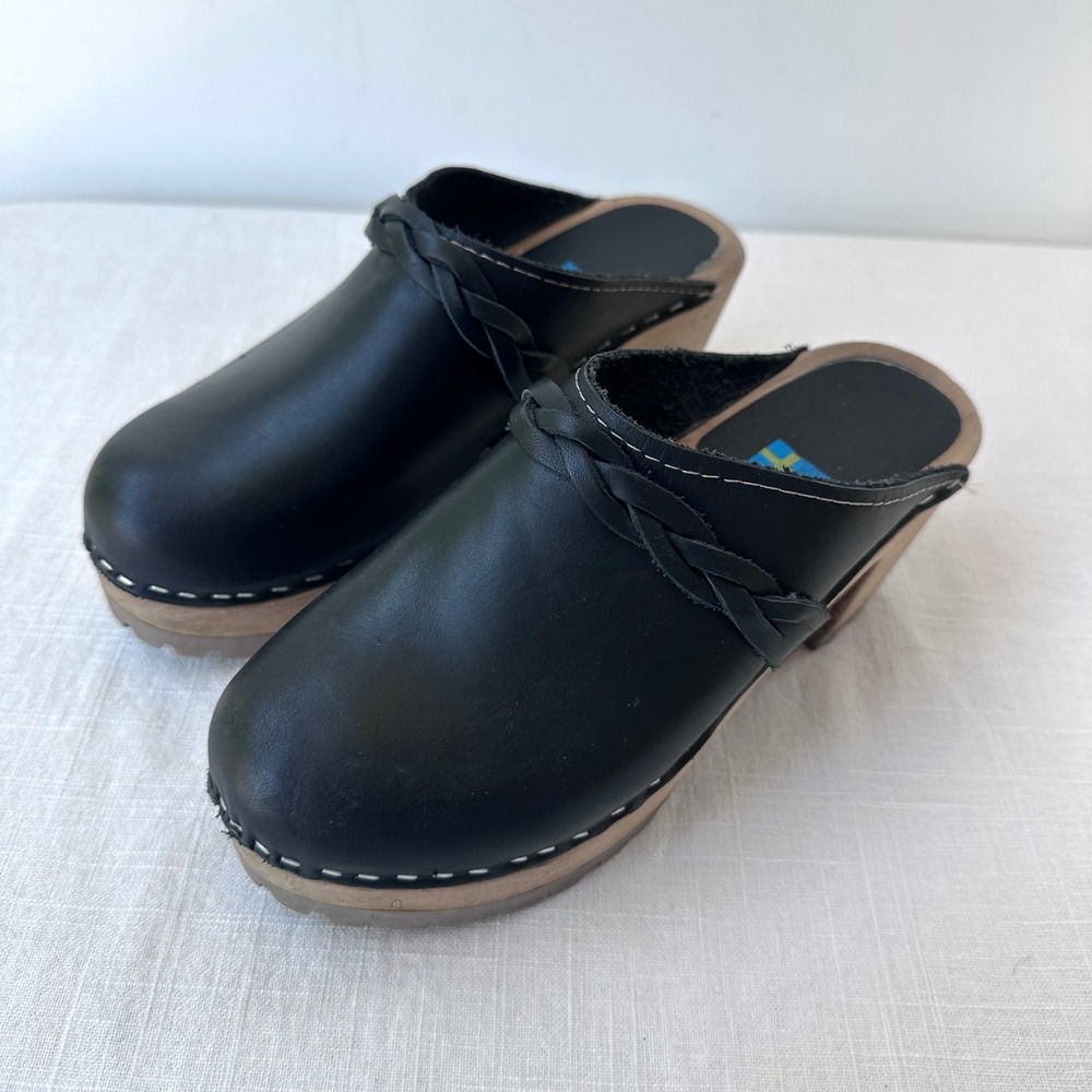 MIA Black Leather Braided Strap Wooden Platform Clog Mules Womens Size 37